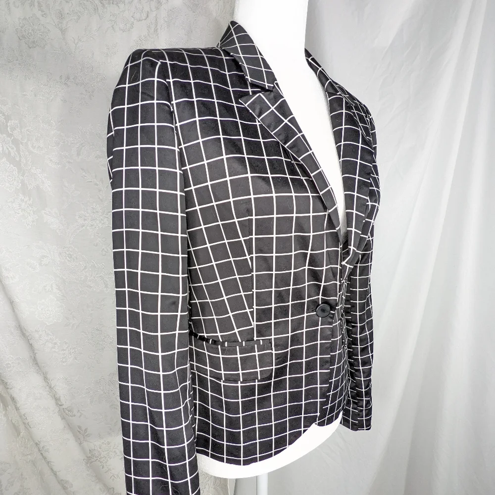 ☀️Forever 21 plaid blazer jacket Small black White checks geometric - Picture 3 of 16